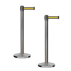 CCW Series RBB-100 - Set of 2 Stanchion Retractable Belt Barriers (11 Foot Belt, Black with Yellow Horizontal Stripe Belt with Satin Stainless Steel Post)