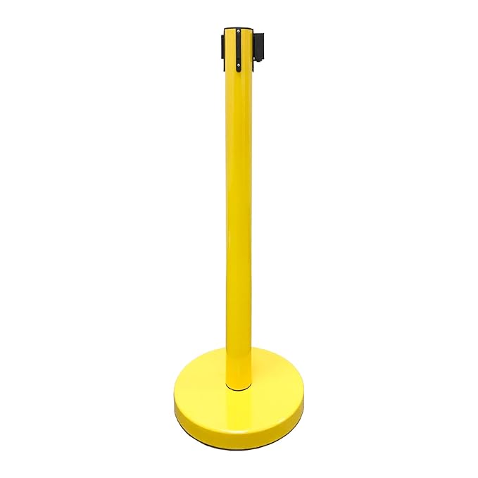 VIP Crowd Control Retractable Belt Stanchion Queue Safety Barrier Set, 36" Ht, 78" Belt + Wall Bracket (6 YEL Posts Blue Belt + SFrame + WBracket)