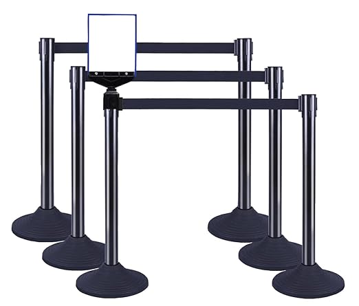 41" Black Crowd Control Stanchion Set, Stable Heavy-Duty Rubber Base with 10 Feet Retractable Belt Crowd Control Barriers, Retractable stanchions for Outdoor Safety (6 Pack)