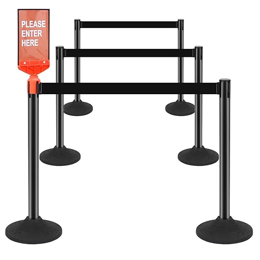 ECOSlGNS 6 Pack Commercial-Grade Stanchions with Retractable Belts - Black Stanchion Posts Set Crowd Control Barriers 10ft Line Dividers with Weighted Rubber Base & Sign Holders for Queue Management