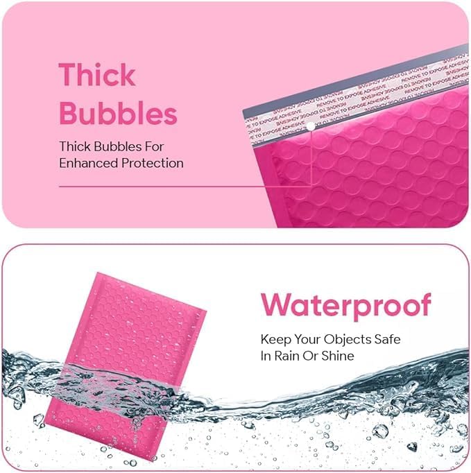 Hot Pink 8.5x14.5 Inch Poly Bubble Mailers #3 | Self Seal Large Padded Envelopes | Air Cushioned Bubble Mailer | Usable Size 8.5x13.5 | Waterproof Lightweight Mailing Shipping Bags | 100 Pack Bulk