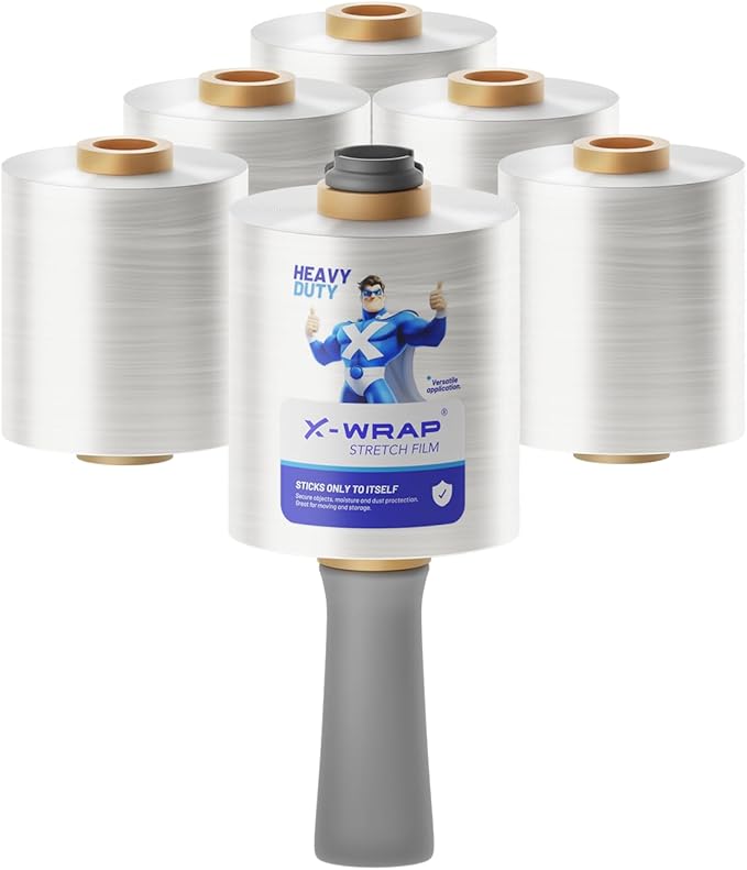 X-Wrap 6-Pack x 80 Gauge x 4”inch x 800ft, Mini Clear Stretch Wrap Film with Handle, Self-Adhering for Pallets, Moving Supplies, Furniture, Plastic Wrap for Packing, Heavy Duty Stretch Film