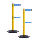 Crowd Control Warehouse CCW Set of 2 Retractable Dual Belt Stanchion Safety Barrier, Heavy-Duty Rubber Base Yellow Post, WBB-200D (9 Foot Belt, Light Blue Belt)