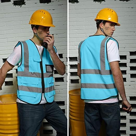 BeautyWill 10 Pack Safety Vest Custom Logo Class2 High Visibility Reflective Vest with 5 Pockets Construction Security Work Vest ANSI/ISEA Standards（Blue，3XL ）