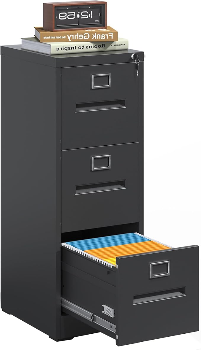 Black Metal File Cabinet with 3 Drawer,Vertical File Cabinet with Lock for A4/Letter/Legal Size Files,Steel Filing Cabinets for Home Office,Assembly Required