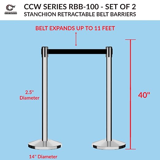 Crowd Control Warehouse CCW Series RBB-100 - Set of 2 Stanchion Retractable Belt Barriers - 11 Foot Blue Belt, Polished Stainless Steel Post - Easy Assembly