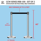 Crowd Control Warehouse CCW Series RBB-100 - Set of 2 Stanchion Retractable Belt Barriers - 11 Foot Blue Belt, Polished Stainless Steel Post - Easy Assembly