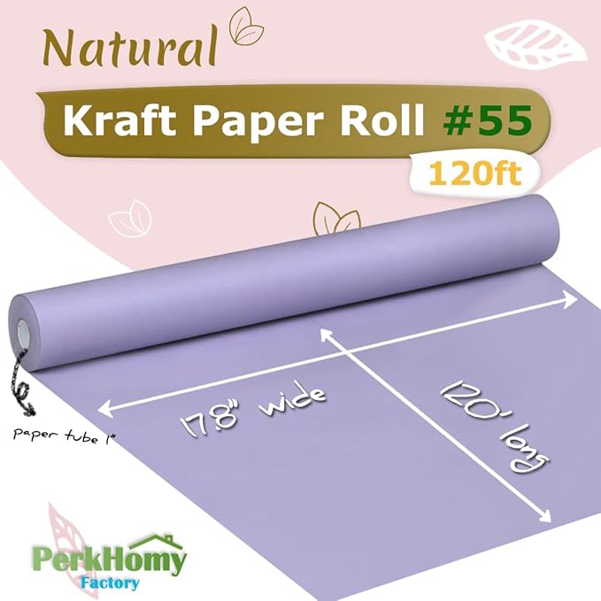 PerkHomy 17.8" x 1,440" (120') Light Purple Kraft Paper Roll for Craft Bulletin Board Paper Art Table Covering Crafting Gift Wrapping Bouquet Packing Parcel 80GSM (Light Purple, 17.8" x 120')