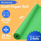48" x 1200" (100 ft) Green Kraft Paper Roll (Value Pack of 2), 45 lbs Thickness, Made in USA Colored Craft Paper for School, Bulletin Board - Odorless, Non-Toxic, Safe for Kids