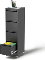 4 Drawer Mobile File Cabinet, Under Desk File Cabinet,Metal Filing Cabinets with Lock for Home Office Organizer Letter/Legal/A4,Require Assembly (Black)