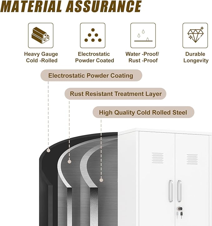 White Metal Locker Cabinet, 47" H Home Office Storage Lockers, Vertical Steel Storage Cabinet with Locking Door and 3 Adjustable Shelves, Garage Tool File Cabinets for Home Office,Garage,Bathroom.