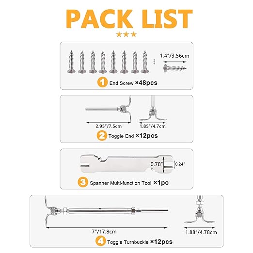WAYSKA 12 Pairs T316 Stainless Steel Cable Railing Kit Fit 3/16" Stainless Steel Cable Wire Rope, Swage Toggle Turnbuckle Tensioner and End Fittings for Cable Railing System