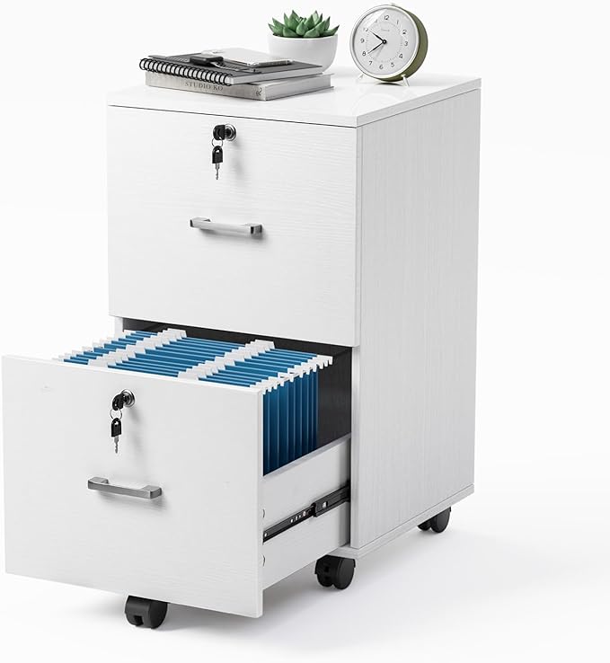 VINGLI 2 Drawer File Cabinet with Lock, Wood Grain White File Cabinets for Letter Size File Folders with Tabs, Mobile Under Desk Filing Cabinets for Home Office, Rolling Filing Cabinet Printer Stand