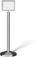 Crowd Control Warehouse Pedestal Standing Floor Sign Frame with Sloped Base, 8.5x11 Inch Horizontal, Polished Stainless Steel