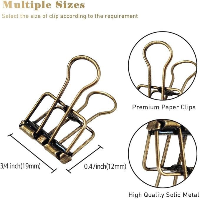 Hollow Out Bronze 3/4 Inch Micro Binder Clips - 36 Pack, Capacity 0.31 Inch, Office Clips, Fold Clamp for Small Paper & Binder