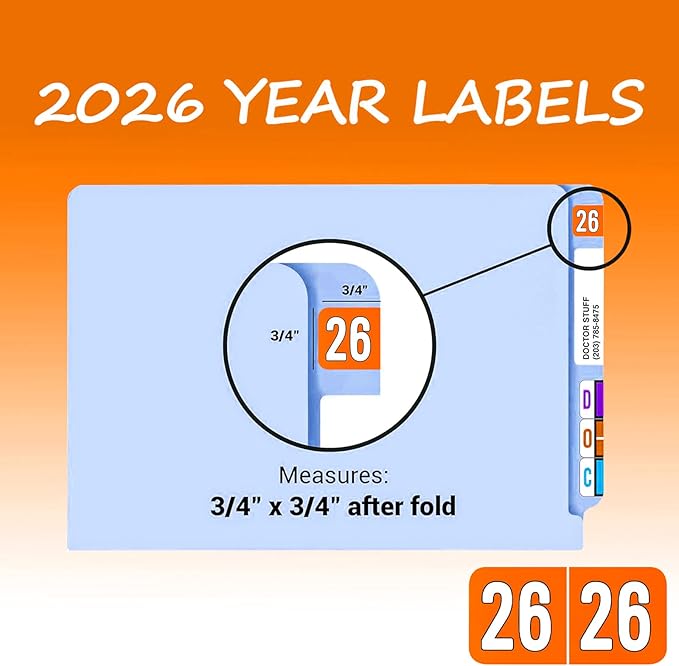 500 Pcs 2026 Year Stickers, Waterproof File Folder Labels, Self-Adhesive Rectangle Tabs for End Folders and Envelopes, Number Tabs, Office and Home Supplies (Orange)