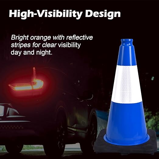 4 Pack 18 Inch Blue Safety Cones Durable with Black Base, Driveway Markers, Skating Practice, Pet Agility Training, Parking Lot Use (4, Blue, 18 Inch)
