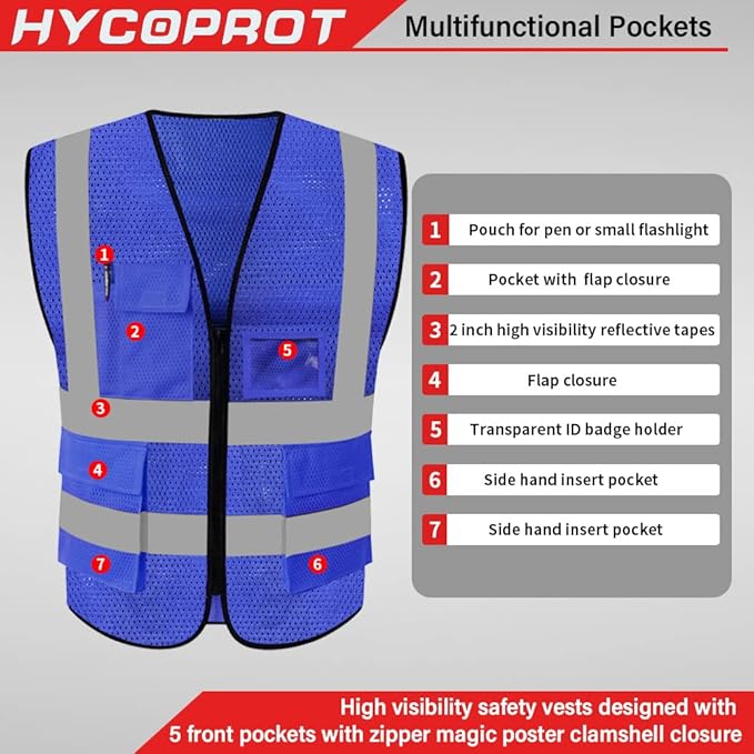 HYCOPROT High Visibility Mesh Safety Reflective Vest with Pockets and Zipper, Meets ANSI/ISEA Standards