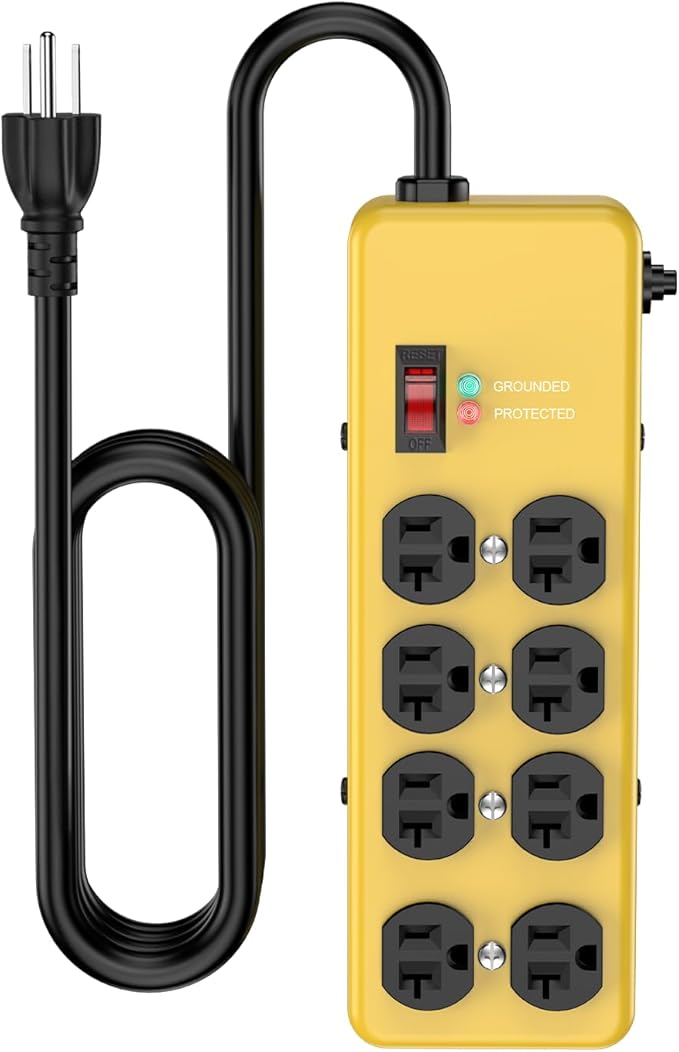 Heavy Duty Power Strip 20 amp,Metal 8 Outlet Power Strip,Wall Mount Surge Protector 4800J,12 Gauge 10FT Extension Cord 5-15P Adapter Workshop & Industrial Use with 6-20R T-Slot Outlets