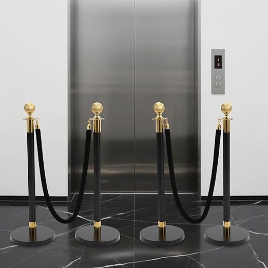 4Pcs Velvet Ropes and Stanchion Post, Black & Gold Stanchion Rope Set, Stainless Steel Stanchions Posts with Ball Top, Crowd Control Barriers for Shopping Malls, Exhibition Halls