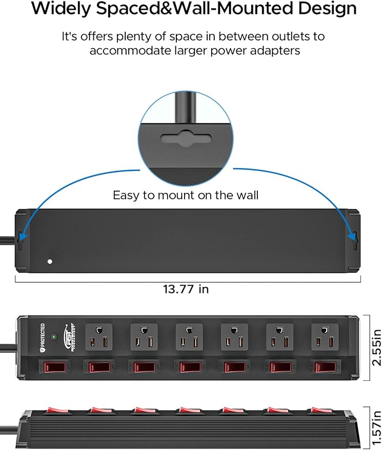 CRST 6 Outlet Metal Power Strip with Individual Switches, Mountable Surge Protector Power Strip for Garage Workshop School Home. 15A Circuit Breaker, 1875W, 1200 Joules, 6FT Extension Cord