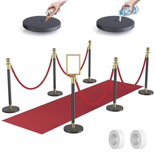 kaiyomi 6Pcs Stanchions Posts Velvet Ropes with Red Carpet and Sign Frame, Water or Sand-Fillable Base, Suitable for 8.5" x 11" A4 Paper Size Sign Frame for Red Carpet Party Decoration (Black&Golden)