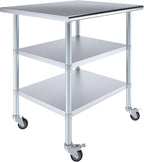 AmGood Stainless Steel Work Table with 2 Shelves and Casters | Metal Utility Table On Wheels (Stainless Steel Work Table with 2 Shelves + Casters, 36" Long x 30" Deep)