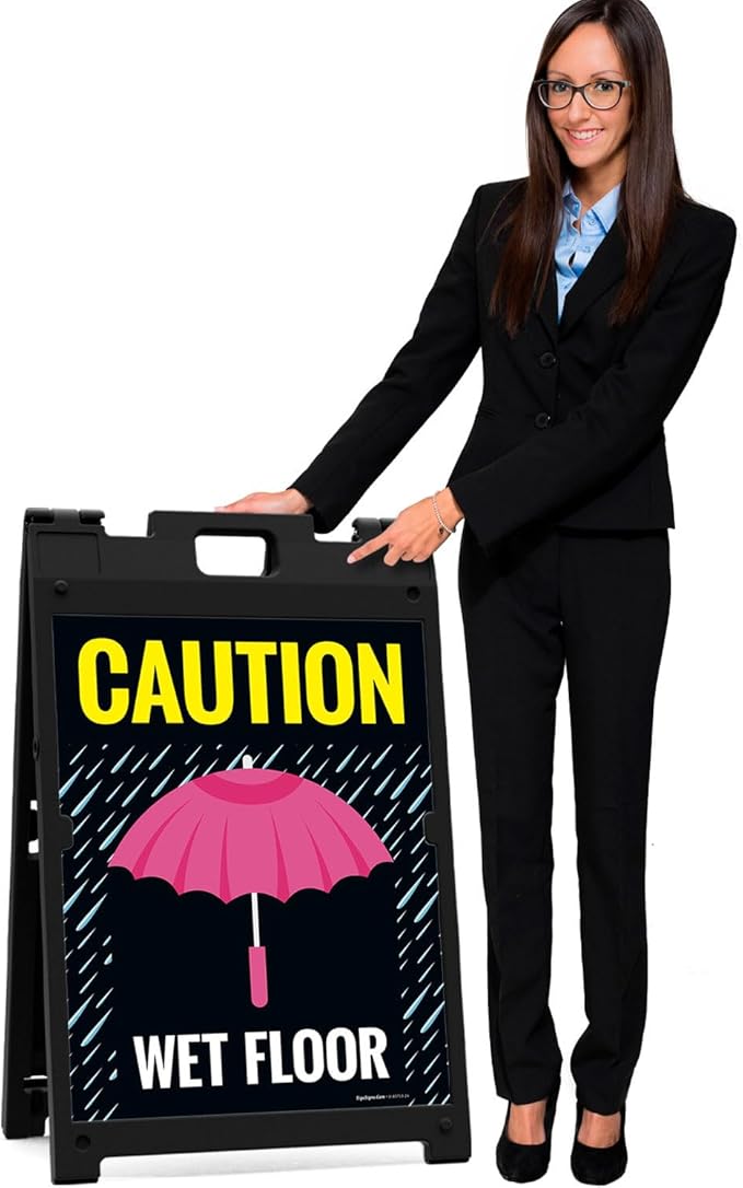 Caution Wet Floor Umbrella Sidewalk Sign Kit, 18x24 Inches, with A Frame Stand, Made in USA