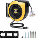 Retractable Extension Cord Reel, 65FT 12AWG/3C SJTOW Heavy Duty Power Cord with Lighted Triple Outlets, 15A Circuit Breaker, 180° Swivel Removable Bracket for Wall/Ceiling Mount, UL Listed