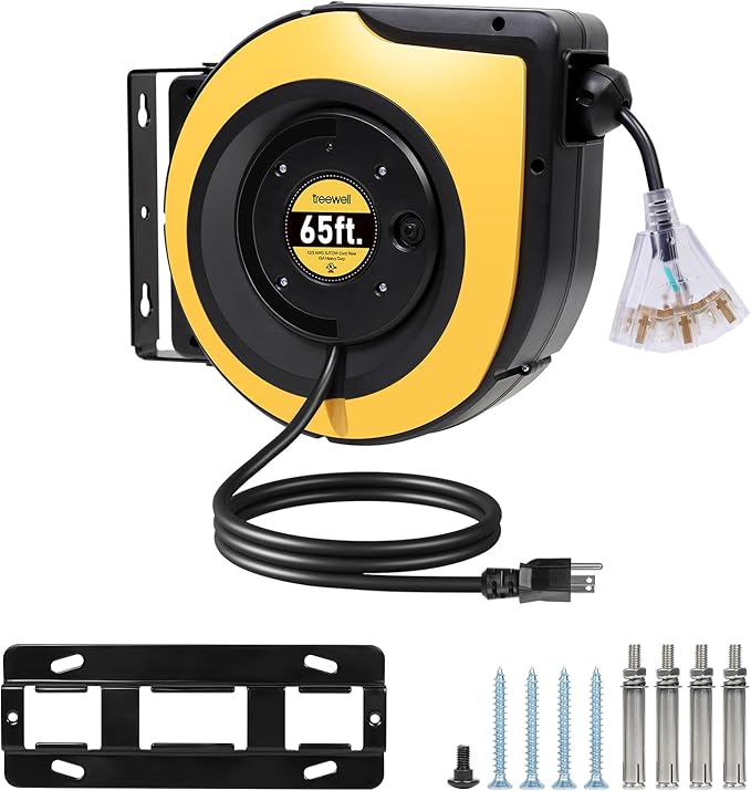 Retractable Extension Cord Reel, 65FT 12AWG/3C SJTOW Heavy Duty Power Cord with Lighted Triple Outlets, 15A Circuit Breaker, 180° Swivel Removable Bracket for Wall/Ceiling Mount, UL Listed