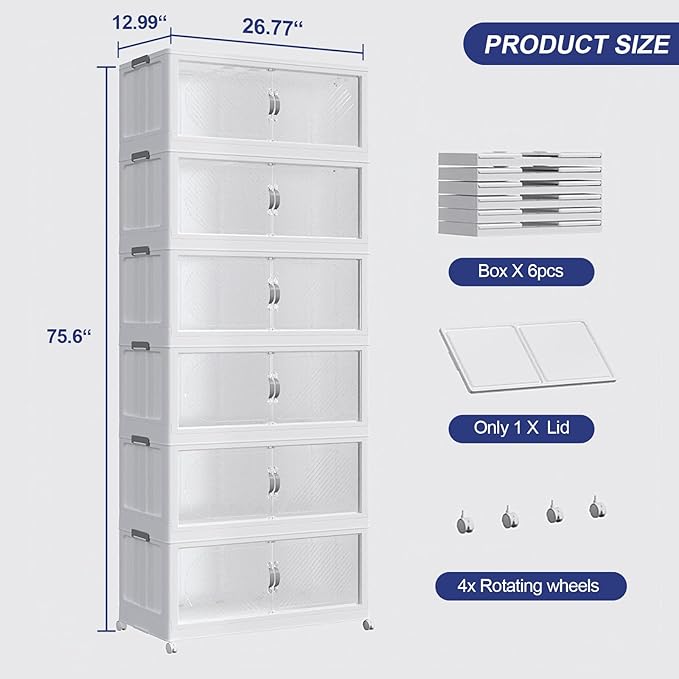 180GAL Plastic Storage Bins with Lid, 720QT Extra Large Stackable Closet Organizers and Storage, Collapsible Storage Boxes with Wheels, Folding Cabinet for Home Kitchen Office, 6Pack White