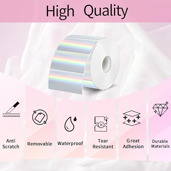 2x1 Inch Holographic Thermal Labels, Silver Glitter Thermal Printer Stickers, Waterproof Self-Adhesive Shipping Label Printer Sticker for Barcode, Name, Address, 300 Labels/Roll