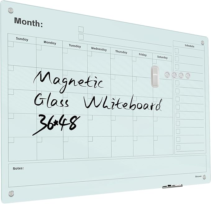 Magnetic Glass Whiteboard - 48"x36" Frameless Dry Erase Board with Monthly Calendar for Office, School, and Home
