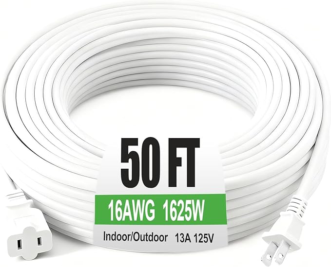Outdoor Extension Cord 50ft, White Waterproof Extension Cord 16 Gauge 2 Prong Power Cable, 50ft Heavy Duty Power Cord for Yard, Garden,Lights(13A 125V)