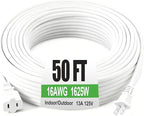 Outdoor Extension Cord 50ft, White Waterproof Extension Cord 16 Gauge 2 Prong Power Cable, 50ft Heavy Duty Power Cord for Yard, Garden,Lights(13A 125V)