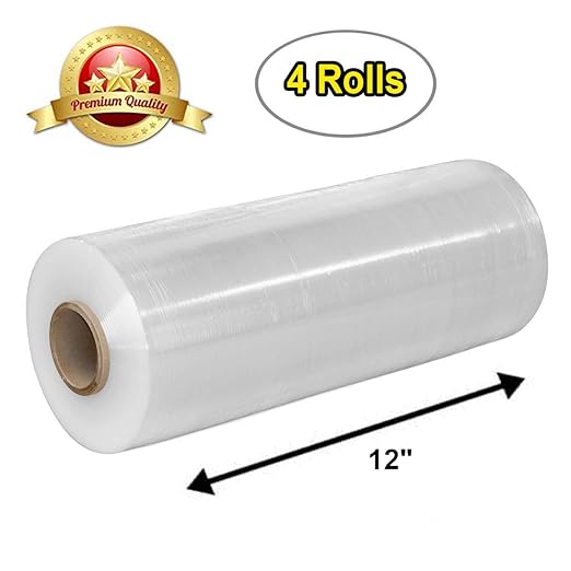 APQ 4 rolls of Cast Hand Stretch Film 12" x 1500'. Hand Stretch Wrap, 80 Gauge Thickness. Excellent Tear Resistance. Clear Residue Free Film for Moving, Shipping, Wrapping. Industrial Grade Cast Film.