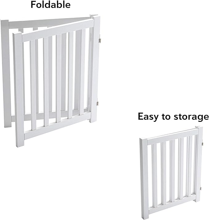 LZRS 2-Panel Wooden Free Standing Foldable Dog Gate Indoor – Solid Hardwood 24" High, Step-Over Safety Pet Gate for Doorways, Stairs & Small Spaces - Indoor Use, White