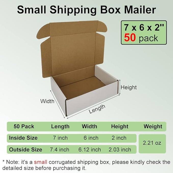 50 Pack 7x6x2'' Small Shipping Boxes, White Corrugated Cardboard Literature Mailers, Mailing Packaging Supplies for Small Business (W762-50)