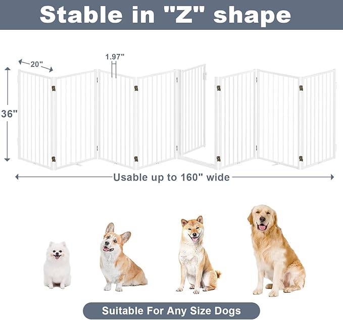 Metal Freestanding Dog Gates with Door for Outdoor Indoor,160'' Extra Wide 36'' Tall Free Standing Dog Gate for Doorways,Large Openings,Deck,Yard,Porch,Foldable Pet Fence (White,8 Panels)