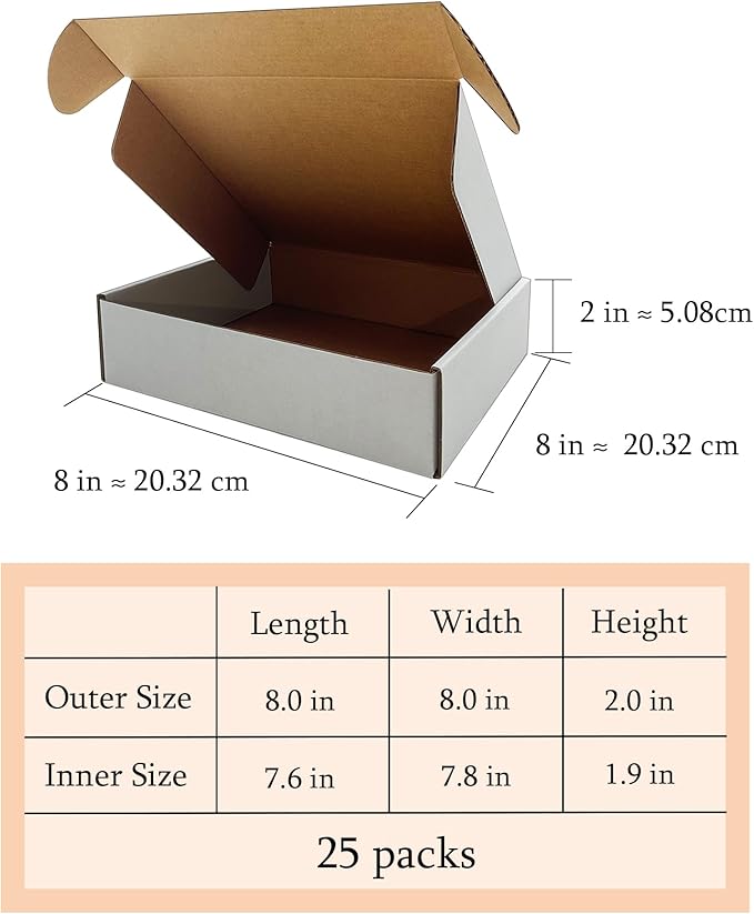 8x8x2 Inches Shipping Boxes Set of 25,White Corrugated Mailing Cardboard Box Literature Mailer for Packing Small Business Moving Storage, E-Commerce Packaging Mailing Boxes Gift Boxes for Presents