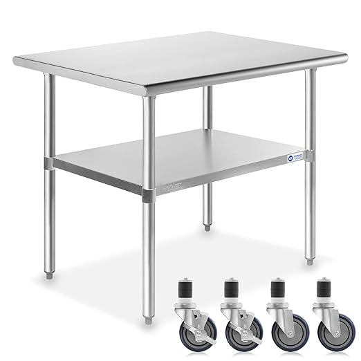 GRIDMANN NSF Stainless Steel Work & Prep Table 36 x 24 Inches with Caster Wheels and Under Shelf for Restaurant, Home, Hotel