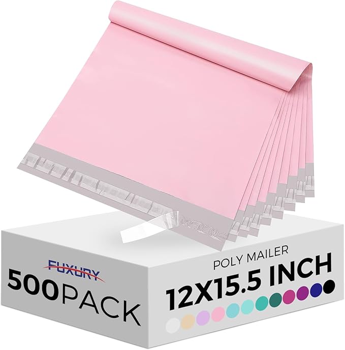 Fuxury 500 Pcs 12x15.5 Inch Poly Mailers, Bulk Shipping Bags for Clothing, Strong Adhesive Shipping Envelopes for Small Business Suppliers,Waterproof Mailers Poly Bags Mailing Envelopes,Light Pink