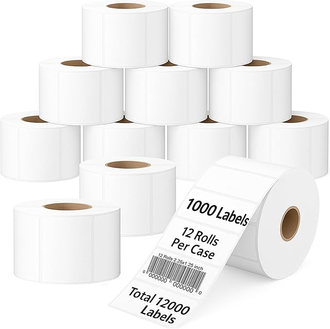 CEPRICO 2.25”X1.25” Direct Thermal Barcode Address Self Adhesive Perforated Waterproof White Sticker Label - Compatible w/Zebra Thermal Printers - FBA Shipping Labels - 12 Rolls (1000 Labels/Roll)