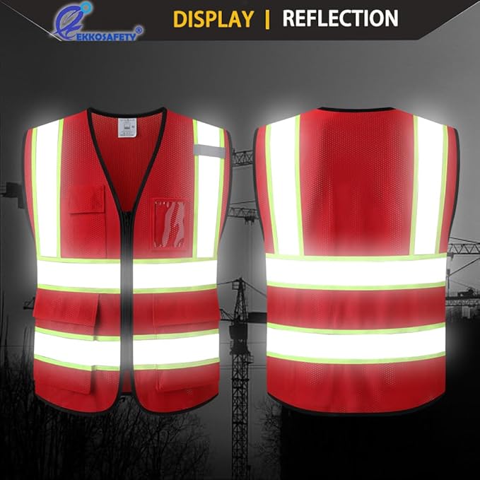 Reflective Mesh Safety Vest for Men Women with 5 Pockets and Zipper Front High Visibility Vest Hi Vis Construction Work Vest,Meets ANSI/ISEA Standards(EK175-Red-L)