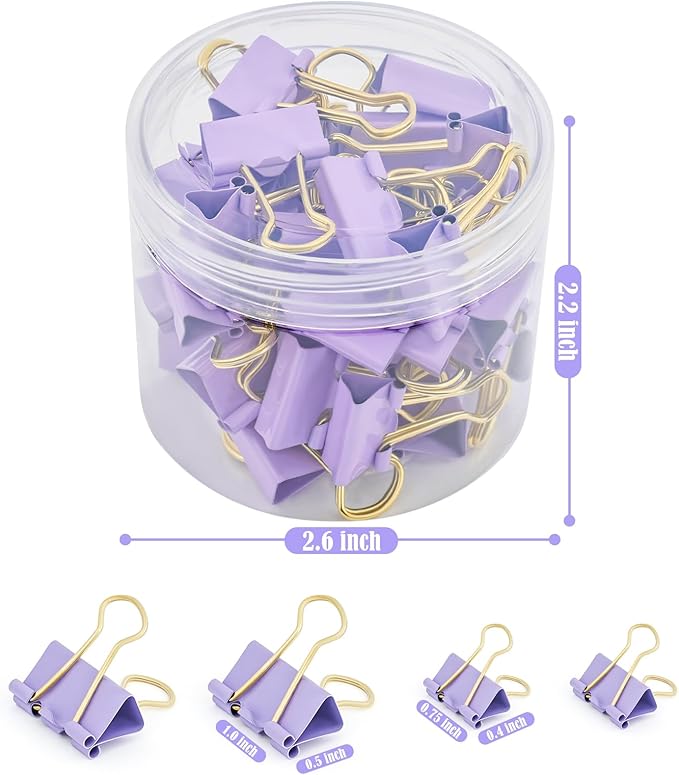 BAYTORY 40Pcs Purple Binder Clips, Binder Clips Assorted Sizes, Medium Small Binder Paper Clamps Combination, with Clear Storage Container, for School Teachers Office Supplies (Purple)