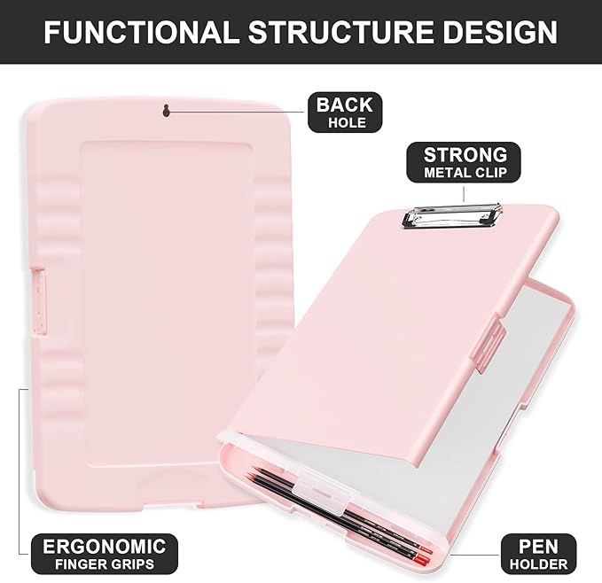 Plastic Clipboard with Storage, 8.5 x 11 Storage Organization Box Side-Opening, Heavy Duty Clip Board with Pen Holder and Paper Folder for Nurses, Teachers, Office & School Supply, Pink