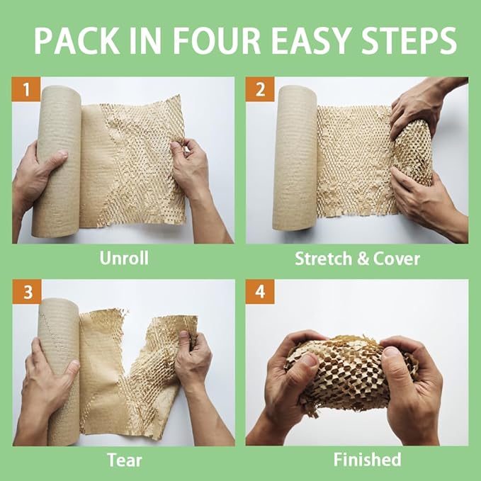 Honeycomb Packing Paper 12" W x 120' L Packing Paper for Moving Products & Gifts Honeycomb Wrapping Paper Recyclable and Biodegradable Cushioning Packing Material with 20 Fragile Stickers