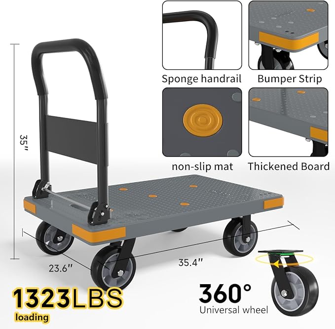 WUD Push Cart, Folding Mobile Platform Trolley,Thickened and Reinforced, 360° Swivel Wheels,35.4 “L x 23.6 ”W, 1323 lb.Grey Dolly cart with Wheels