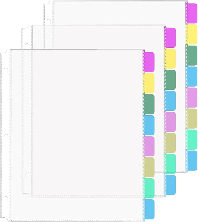 HABGP 24Pcs/3 Set Clear Sheet Protectors for 3 Ring Binder Letter Size, 8 Tab Plastic Dividers With Pockets and Tabs, Page Protectors 8.5x11