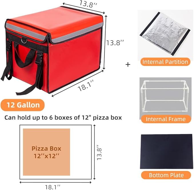 Red Insulated Bags For Food Delivery XL - 18.1" x 13.8" x 13.8", Commercial Insulated Food Delivery Bag w/ Divider, Waterproof & Foldable Catering Bag Food Deliveries, Delivery Pizza Bags 12 Inches
